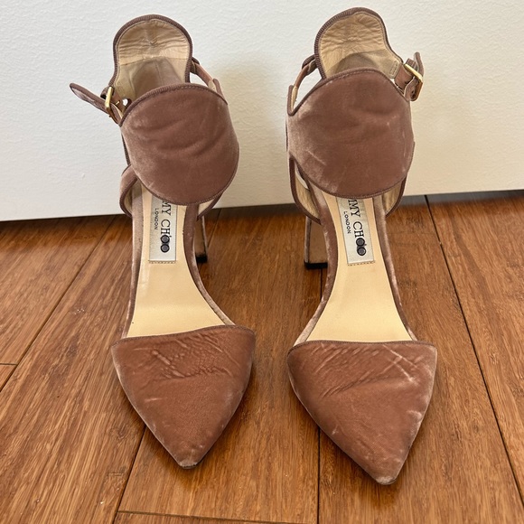 Authentic Jimmy Choo Blush Pink Velvet Moon Cut Out Pointed Toe Pumps - Picture 3 of 6